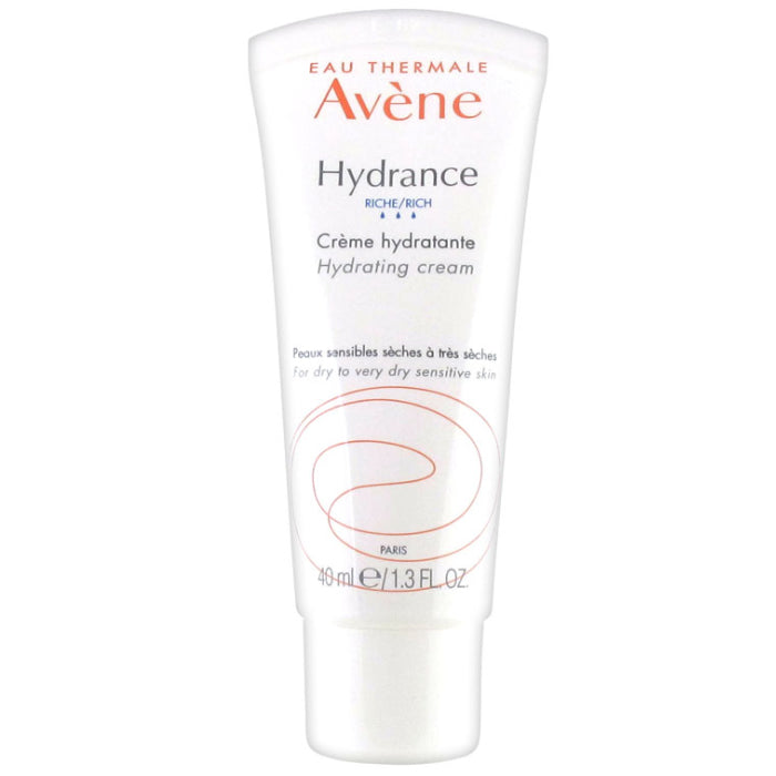 Avene Hydrance Rich Hydrating Cream jar with 40ml size, featuring a white and blue container on a neutral background.