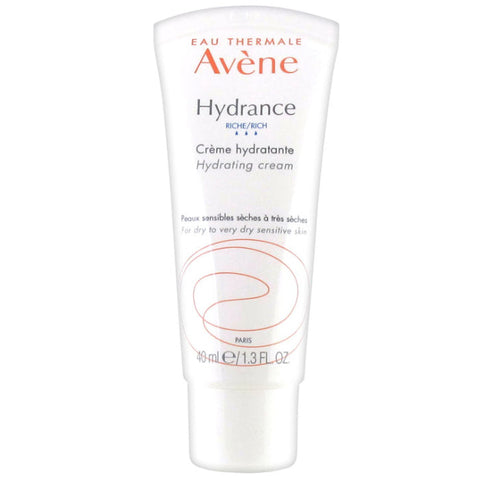 Avene Hydrance Rich Hydrating Cream jar with 40ml size, featuring a white and blue container on a neutral background.