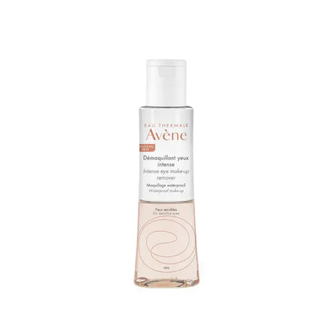 Avene Intense Eye Make Up Remover 125ml bottle with clear liquid and blue cap, suitable for gentle eye makeup removal.