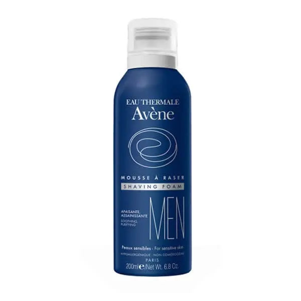 Avene Men Shaving Foam in a 200ml can, featuring the product label with blue and white packaging, on a clean background.