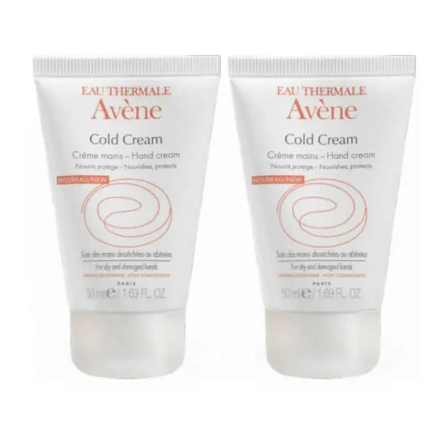 Avene Cold Cream Hand Cream pack with two 50ml tubes, featuring smooth, protective moisturizer for dry hands.