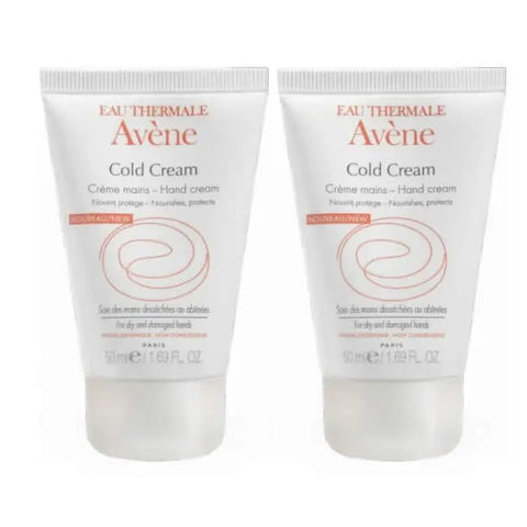 Avene Cold Cream Hand Cream pack with two 50ml tubes, featuring smooth, protective moisturizer for dry hands.