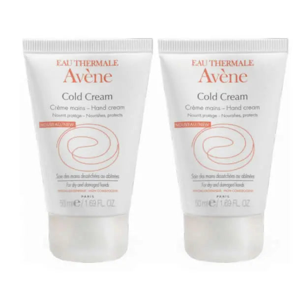 Avene Cold Cream Hand Cream pack with two 50ml tubes, featuring soothing packaging from Jag Couture London New York.