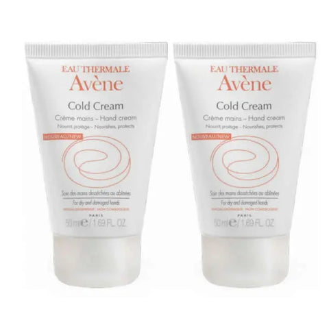 Avene Cold Cream Hand Cream pack with two 50ml tubes, featuring soothing packaging from Jag Couture London New York.
