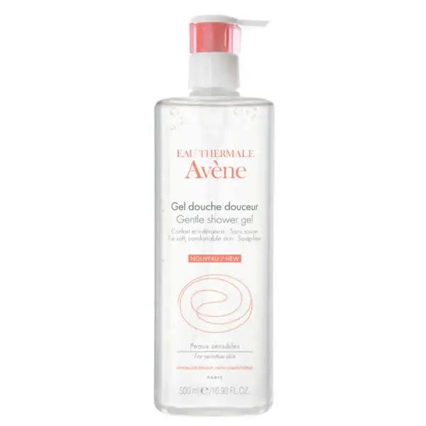 Avene Shower Gel 500ml by Jag Couture London - New York, featuring a clear bottle with blue liquid and a white pump dispenser.