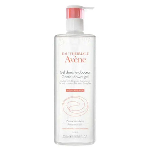 Avene Shower Gel 500ml by Jag Couture London - New York, featuring a clear bottle with blue liquid and a white pump dispenser.