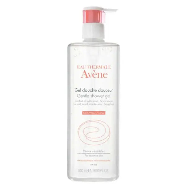 Avene shower gel 500ml bottle with sleek packaging, displayed on a bathroom shelf, by Jag Couture London New York.