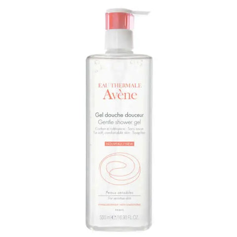 Avene shower gel 500ml bottle with clean label, displayed on a bathroom shelf, from Jag Couture London - New York.