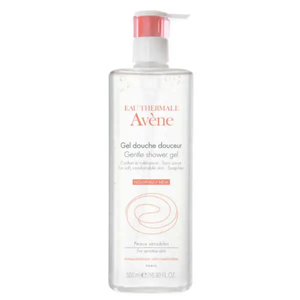 Avene Shower Gel 500ml bottle by Jag Couture London New York, with a sleek blue and white packaging design.