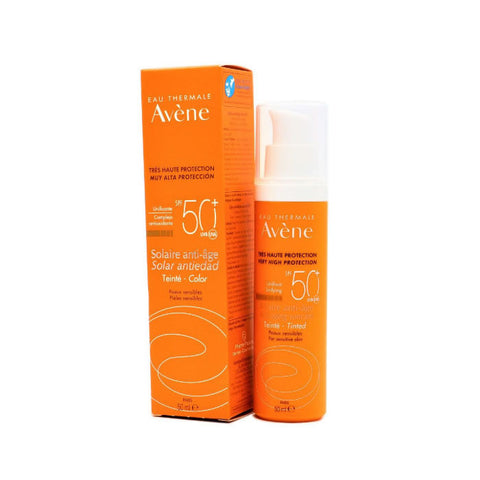 Avene Solar Anti-Aging Color SPF50 cream in 50ml jar, with smooth beige texture, designed for sun protection and skin anti-aging.