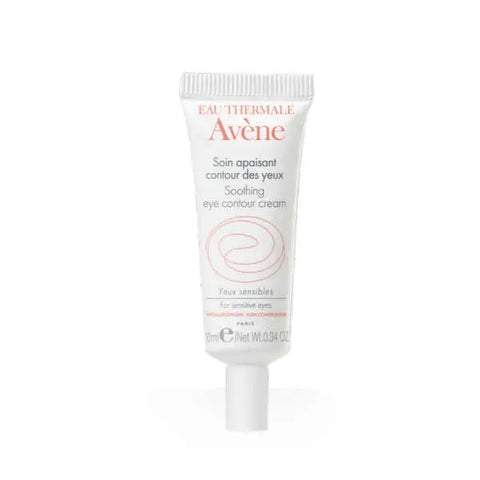 Avene Soothing Eye Contour Cream 10ml in a sleek tube, designed to reduce puffiness and soothe the delicate eye area.