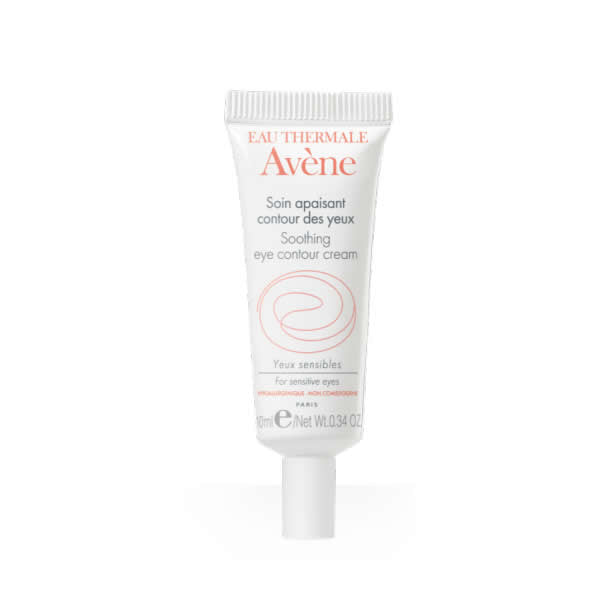 Avene Soothing Eye Contour Cream 10ml in a small tube, designed to reduce puffiness and soothe the delicate eye area.