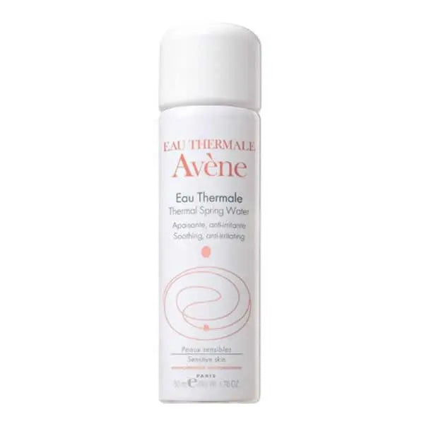 Avene Thermal Spring Water Spray 50ml in a clear spray bottle, with minimalist branding, suitable for soothing and hydrating skin.