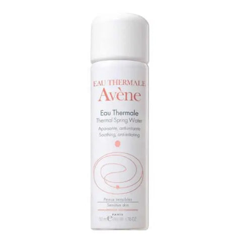 Avene Thermal Spring Water Spray 50ml in a clear spray bottle, with minimalist branding, suitable for soothing and hydrating skin.