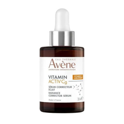 Avène Vitamin Activ Cg Brightening Corrective Serum 30ml bottle with orange cap and clear glass, showcasing its sleek design.