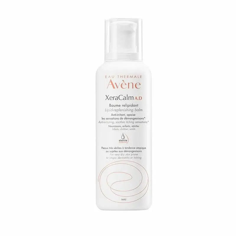 Avene Xeracalm A.d. Lipid Replenishing Balm 400ml in a white jar with blue and orange label, displayed against a plain background.