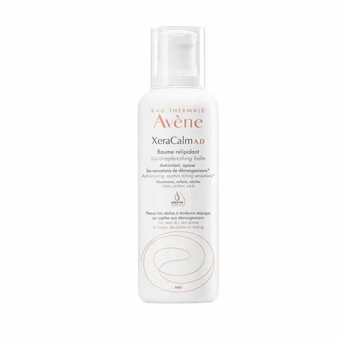 Avene Xeracalm A.d. Lipid Replenishing Balm 400ml jar with white label, skincare product on a neutral background.