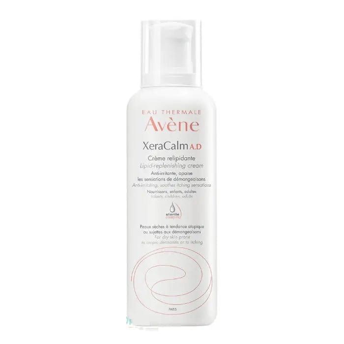 Avene Xeracalm A.d. Lipid Replenishing Cream in 400ml jar, nourishing skincare product with a white and blue label.