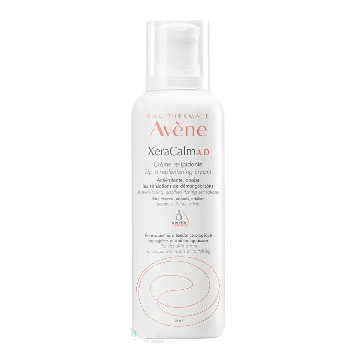 Avene Xeracalm A.d. Lipid Replenishing Cream 400ml jar, hydrating skincare product with a white and blue packaging design.