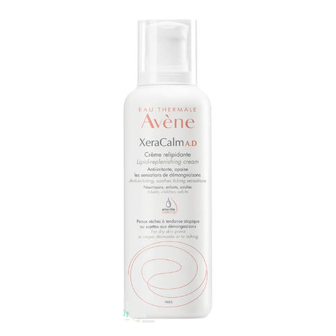 Avene Xeracalm A.d. Lipid Replenishing Cream 400ml jar, hydrating skincare product with a white and blue packaging design.