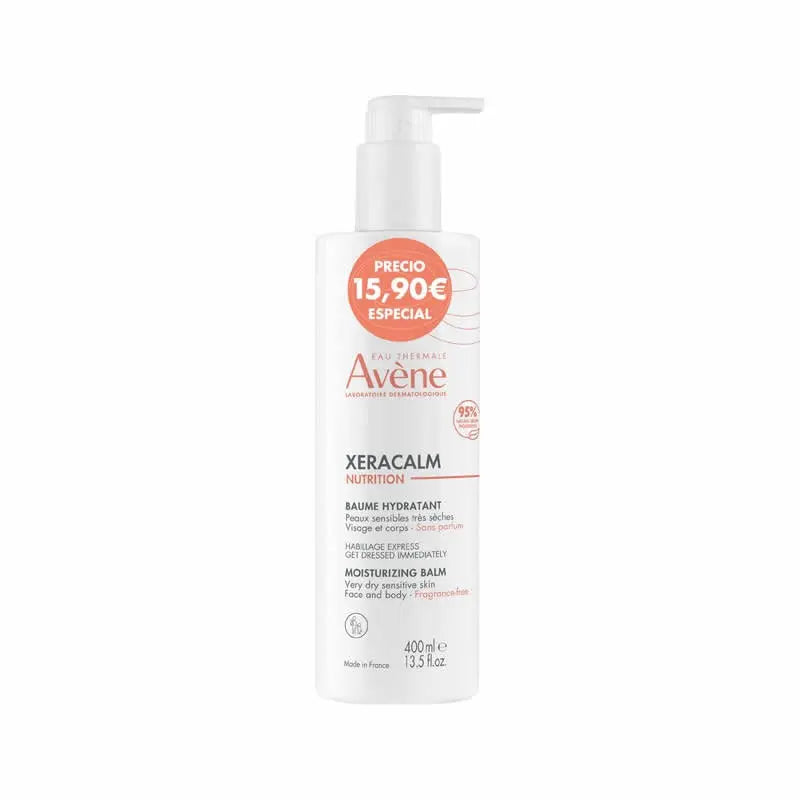 Avene Xeracalm Nourishing Moisturising Balm 400ml jar with white lid, showing the product label and creamy texture.
