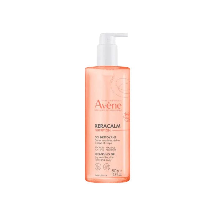 Avene Xerecalm Nutrition Cleansing Gel in a 500ml bottle, suitable for sensitive skin, displayed with product packaging and label.