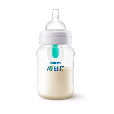 Avent Airfree anti-colic baby bottle with 260ml capacity, transparent with blue accents, designed for reducing colic.
