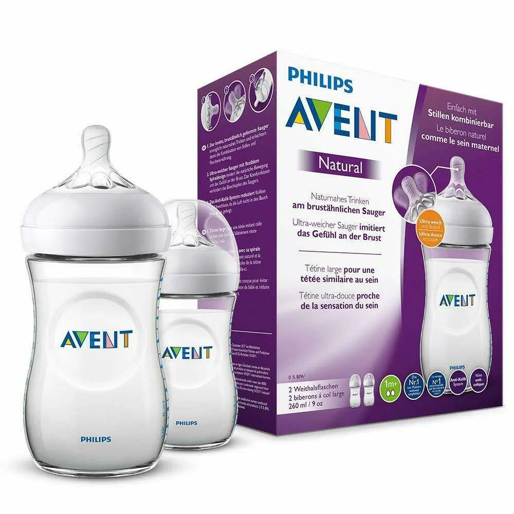 Avent Baby Bottle PP Natural 260ml set with two bottles, transparent plastic, and measurement markings, by Jag Couture London New York.