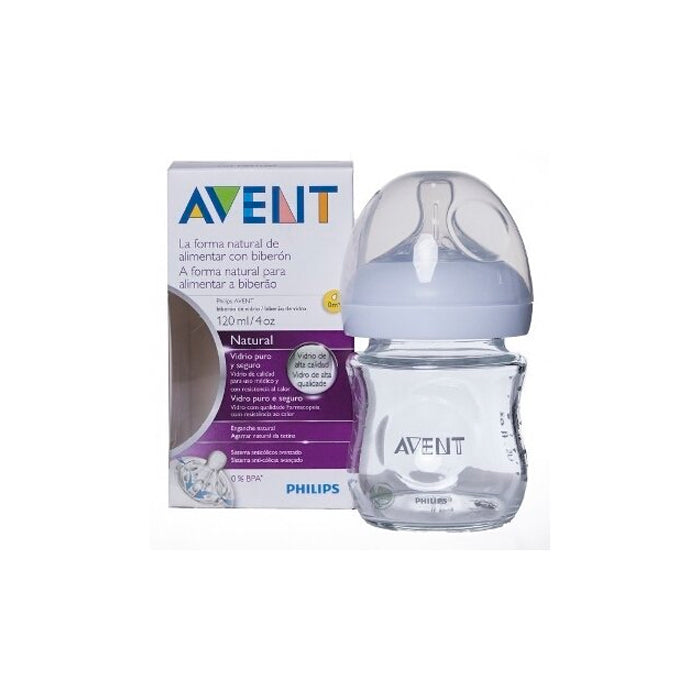 Avent Cristal baby bottle by Jag Couture London-New York, 120ml, transparent glass with measurement markings and nipple cap.