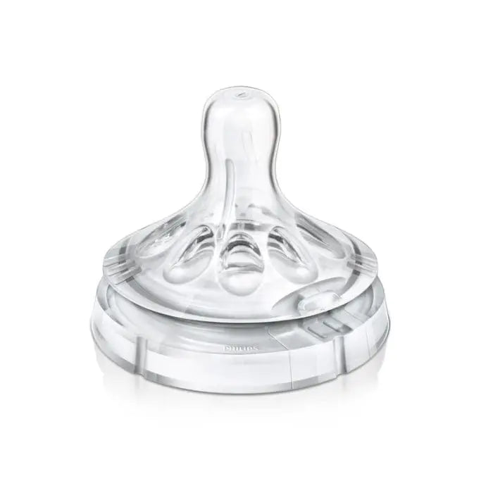 Two Avent Natural Nipple Slow Flow baby bottle nipples in size 1 month, featuring slow flow design from Jag Couture London New York.