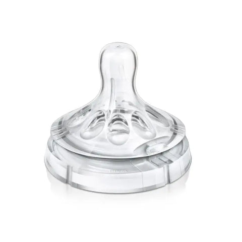 Two Avent Natural Nipple Slow Flow baby bottle nipples in size 1 month, featuring slow flow design from Jag Couture London New York.
