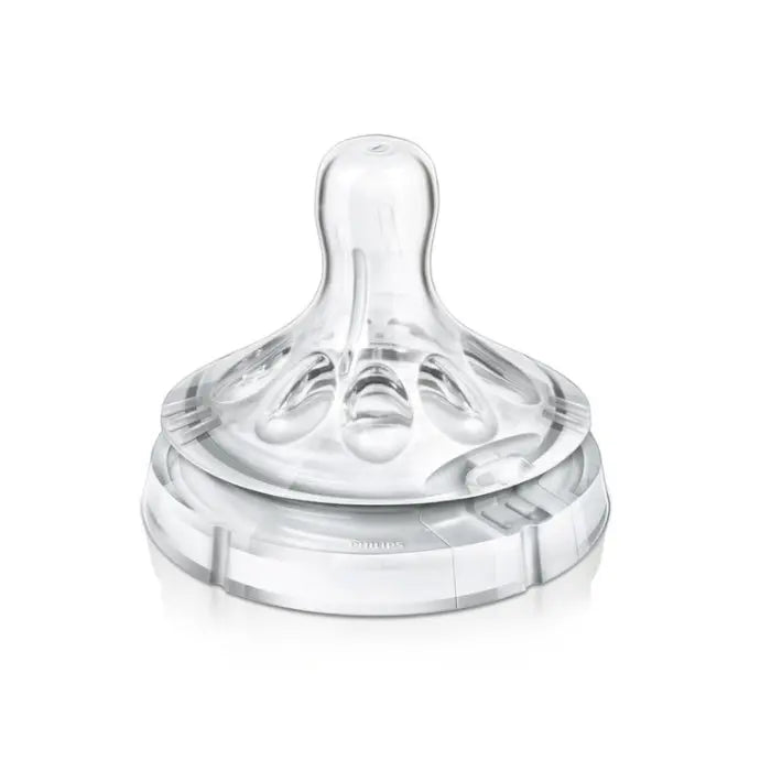 Two Avent Natural Nipple Slow Flow baby bottle nipples in size 1 month, designed for slow flow feeding, by Jag Couture London New York.