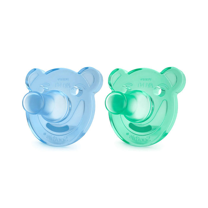 Two Avent Soothies silicone soothers for 0-3 months by Jag Couture London - New York, showing the soft, clear silicone nipple design.