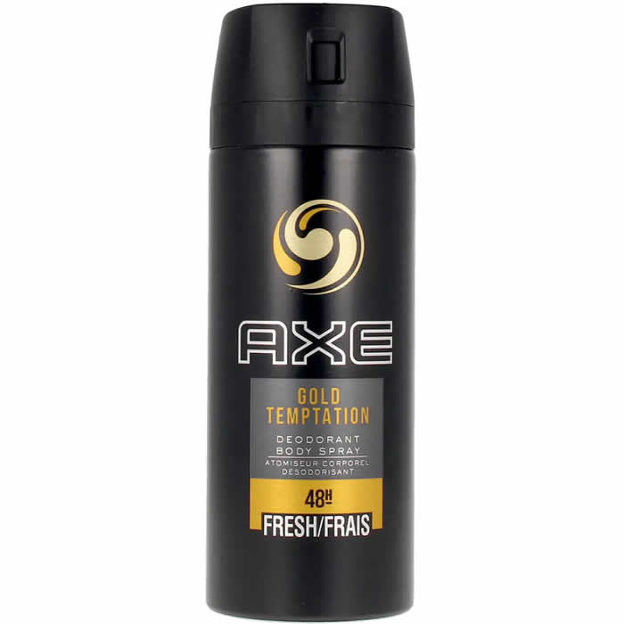 Axe Gold Temptation 48h Deodorant Spray in 150ml bottle, featuring gold branding and sleek packaging from Jag Couture London New York.
