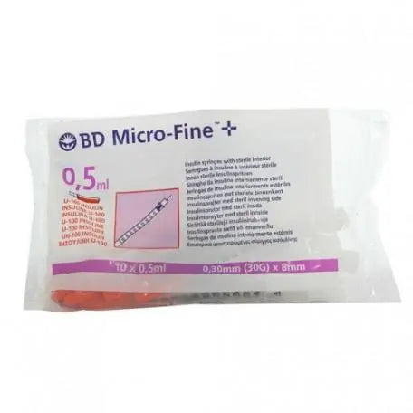 B.D. insulin syringe with needle, 0.5 U, 8-30mm, pack of 10, Becton Dickinson, used for insulin injections.