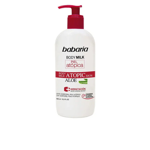 Babaria Aloe Vera Atopic Skin Body Milk 0% in 400ml bottle, featuring soothing aloe vera for sensitive, atopic skin care.