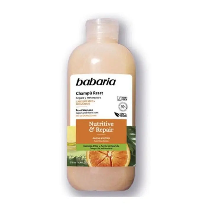 Babaria Reset Nutritive & Repair Shampoo in 500ml bottle, with a sleek label, showcasing the shampoo's nourishing formula.