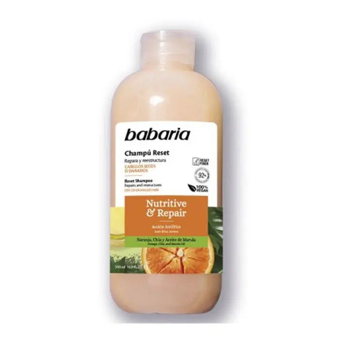 Babaria Reset Nutritive & Repair Shampoo 500ml, showcasing the shampoo bottle with label and product packaging.
