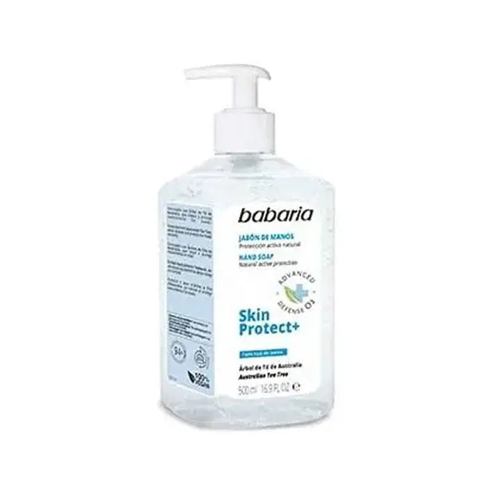 Jag Couture London New York Babaria Skin Protect+ Hand Soap 500ml bottle with pump dispenser on a clean surface.