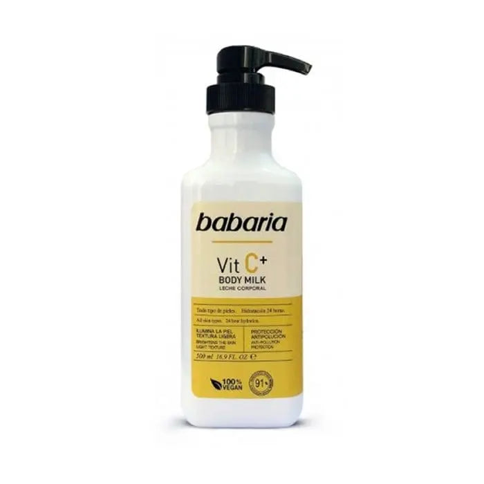 Babaria Vitamin C body milk in 500ml bottle, featuring bright orange packaging, by Jag Couture London New York.