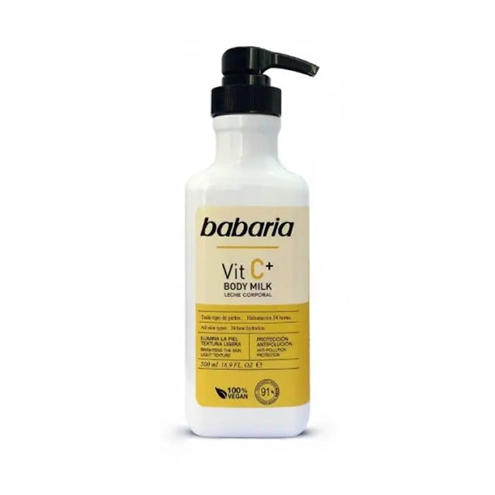 Babaria Vitamin C Body Milk 500ml in a pump bottle, featuring bright orange packaging with Vitamin C branding from Jag Couture London New York.