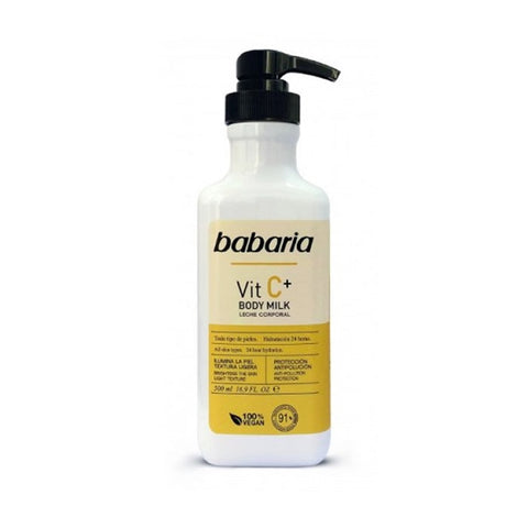 Babaria Vitamin C body milk bottle from Jag Couture London in 500ml size, featuring bright packaging and a smooth, moisturizing texture.