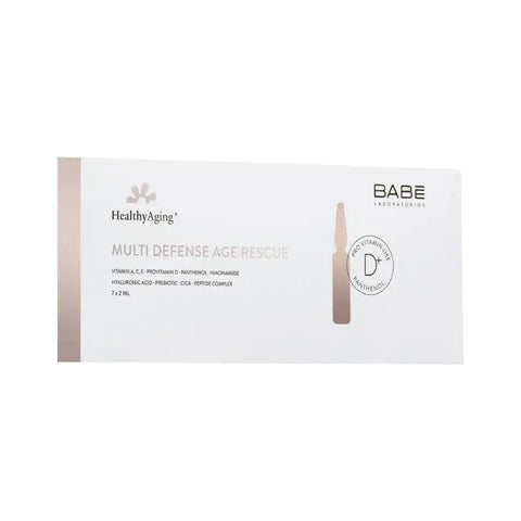 Jag Couture London Babe HealthyAging+ Multi Defense Age Rescue serum in 7 small vials, designed for anti-aging skincare.