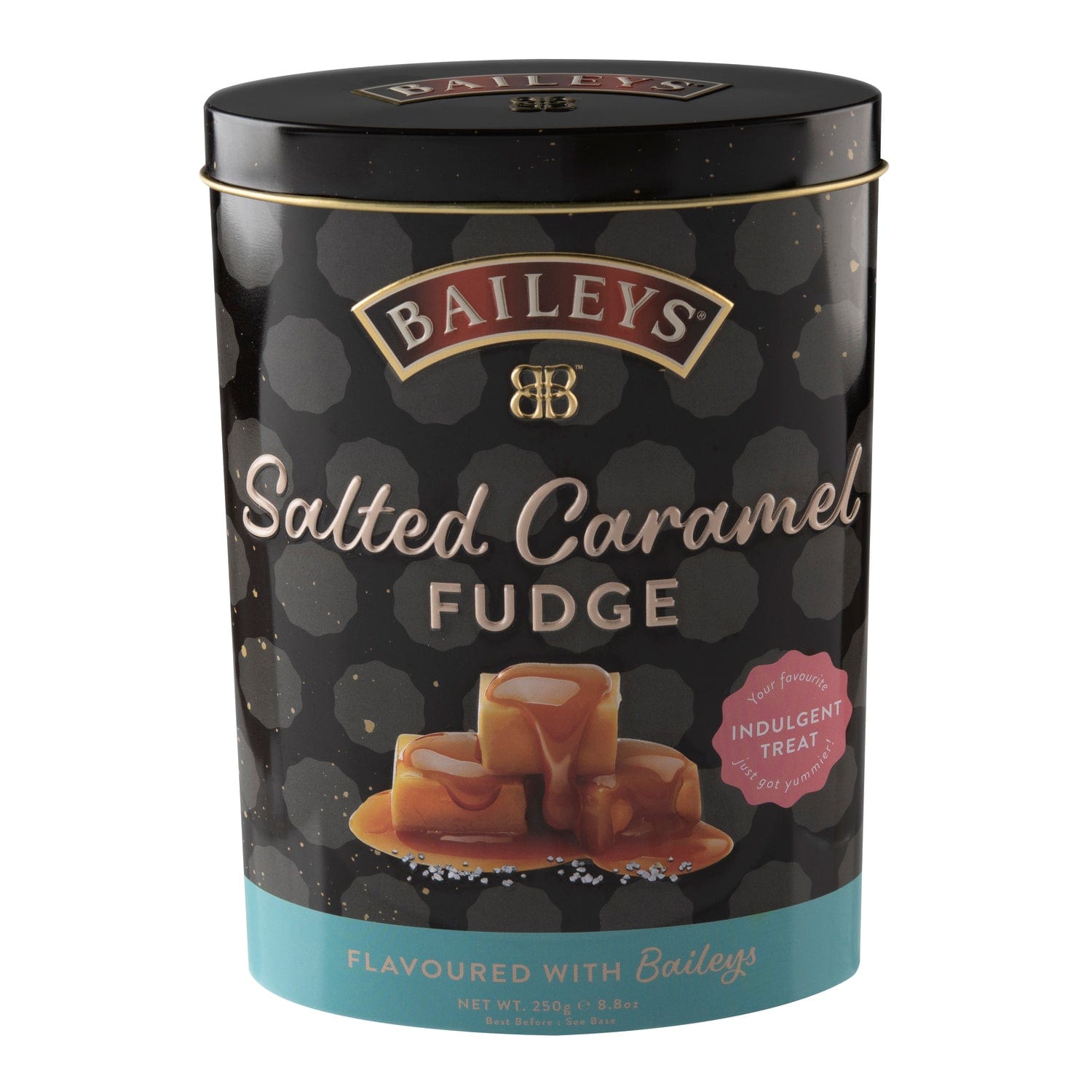 Jag Couture London-New York Baileys salted caramel flavored luxury fudge in a decorative tin, showcasing rich caramel and fudge pieces.