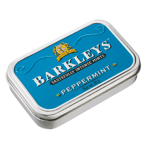 Jag Couture London-New York Barkleys classic peppermints in a sleek luxury tin, showcasing colorful mints inside.