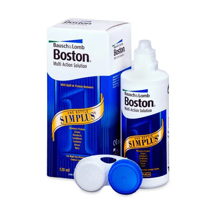 Bausch+Lomb Boston Simplus contact lens solution bottle, 120ml, shown in a clear container with label.