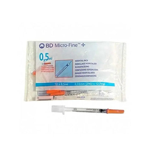 Microfine BD insulin syringe 0.5 x 12.7 mm from Jag Couture London New York, showing 10 sterile syringes with clear measurements.