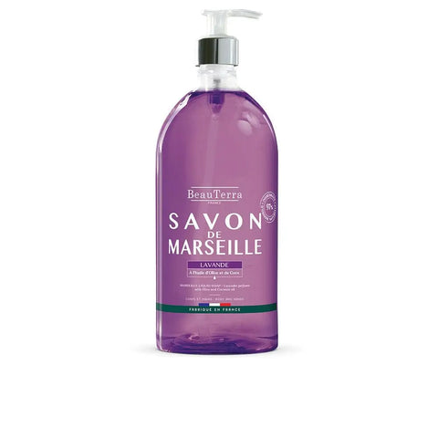 Beauterra Marseille lavender soap in a 1000ml bottle, by Jag Couture London New York, with lavender flowers and soap dispenser.