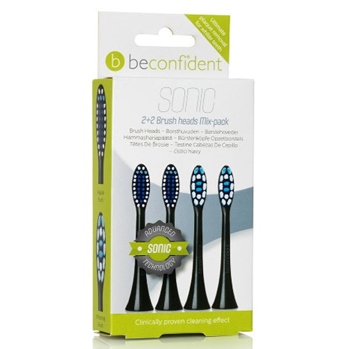 Beconfident Sonic Whitening and Regular Brush Heads in black, set of 2 plus 2 units, designed for electric toothbrushes by Jag Couture London.