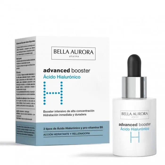 Bella Aurora Advanced Booster Hyaluronic Acid 30ml bottle, clear serum with dropper, in a sleek packaging.